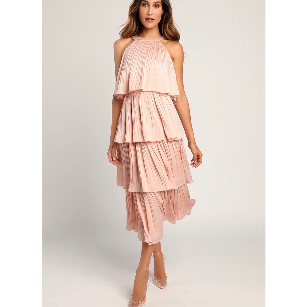 LULUS BRIDESMAIDS DRESS.Tier and Far Blush Pink Tiered Pleated Halter Midi Dress